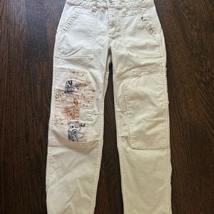 Pilcro Beige Straight Leg Pants with Artistic Patches